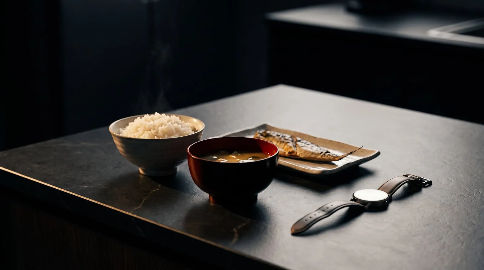 朝の光が差すキッチンカウンターに置かれたご飯と味噌汁、焼き魚の和朝食と、外して置かれた腕時計
